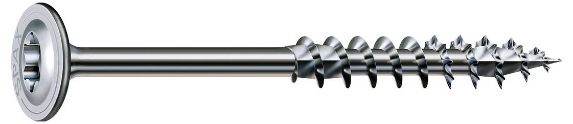 Metallschraube mit breitem unterlegscheiben-ähnlichem Kopf, horizontal auf weißem Hintergrund dargestellt, mit langem glattem Schaft und gewindeltem Ende.
