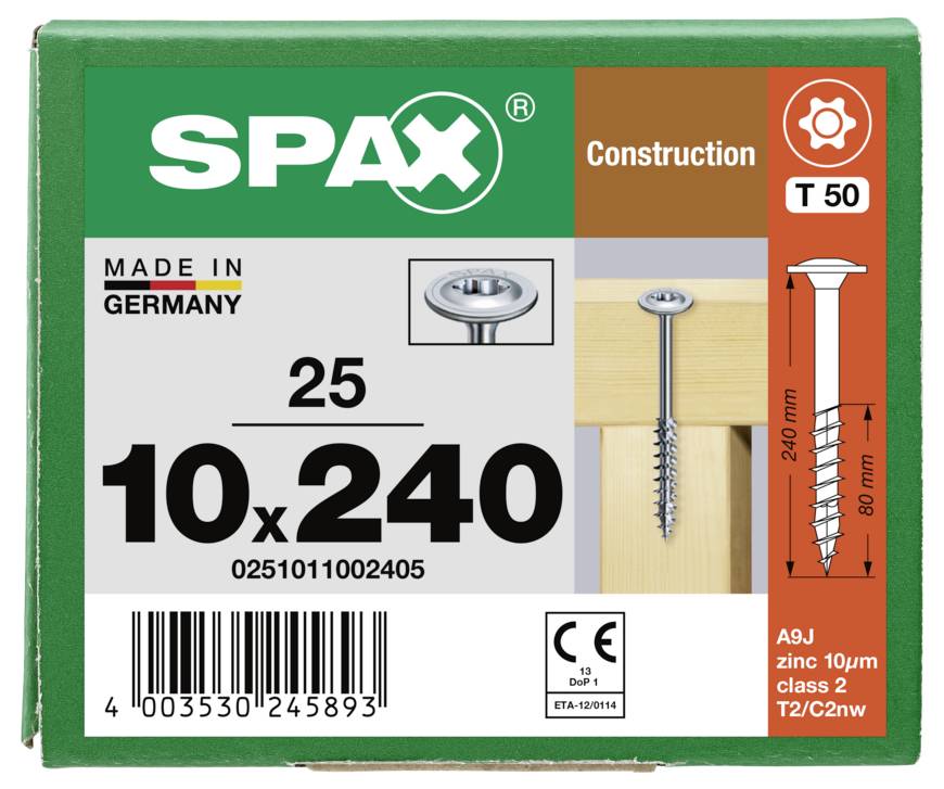 SPAX 0251011002405 Tellerschrauben 10mm 240mm T-STAR plus Stahl 25St.
