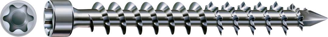 Eine Metallschraube mit sternförmigem Torx-Kopf und spitzer Spitze, horizontal auf weißem Hintergrund gezeigt.