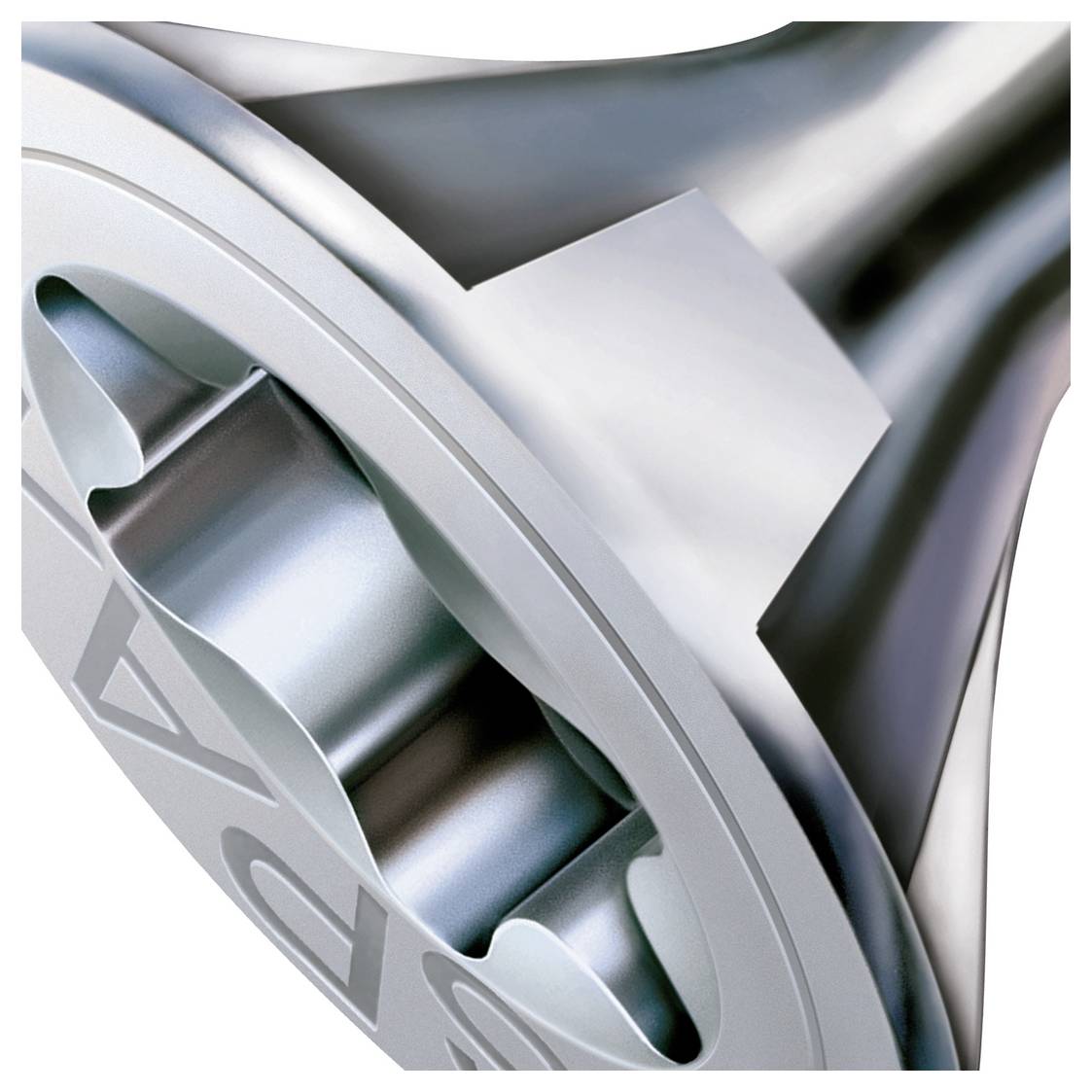 Nahaufnahme einer metallischen Turbine oder eines Industrielaufers mit silbernen Schaufeln und gebogenem Gehäuse, dargestellt in abstrakter Detailansicht.