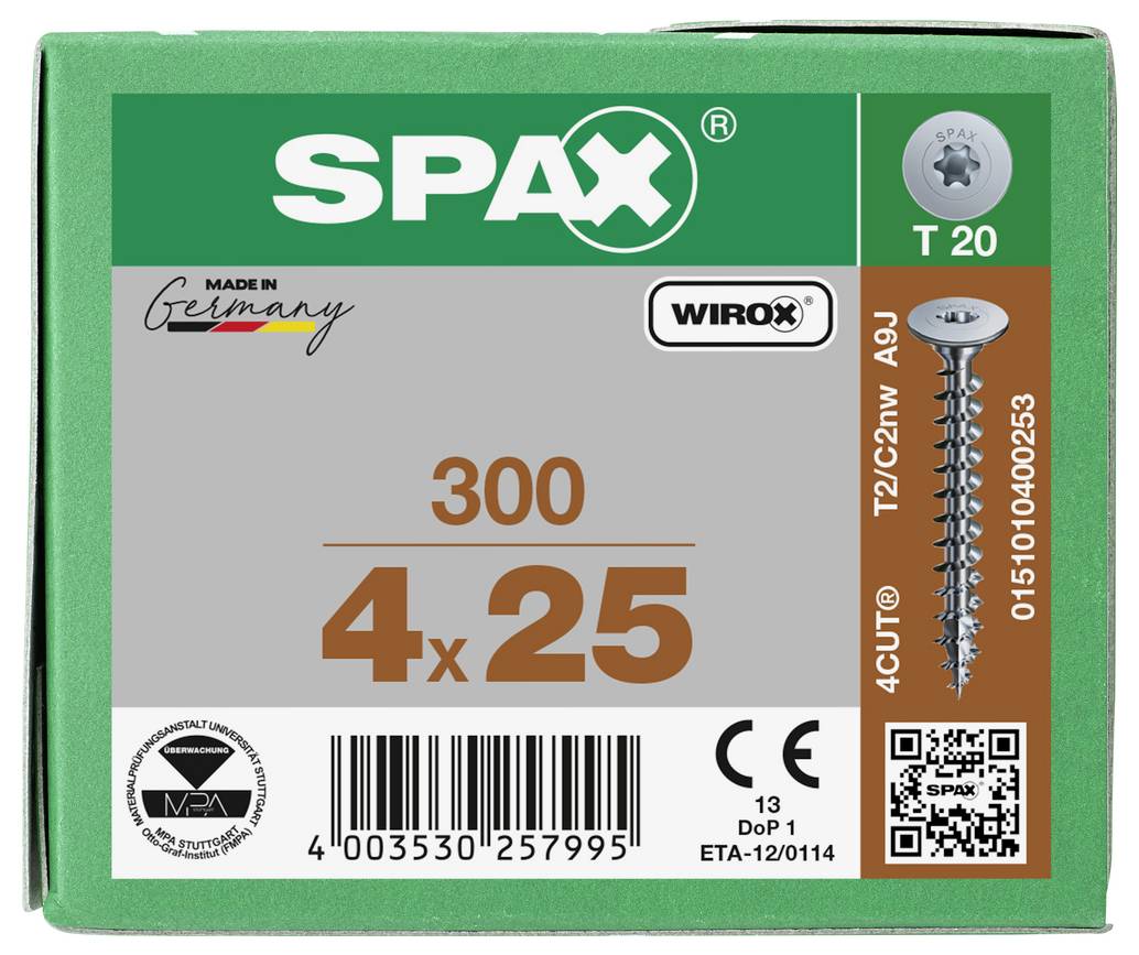 Packung SPAX T20 Schrauben mit Bezeichnung 300, 4 x 25, mit Produktbarcode und Schraubenabbildung auf einer grünen Schachtel.
