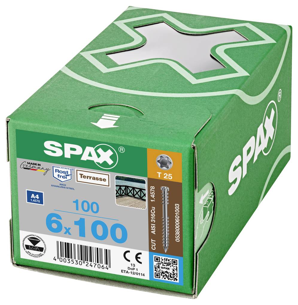Grüne SPAX-Schraubenbox mit der Aufschrift „Terrasse