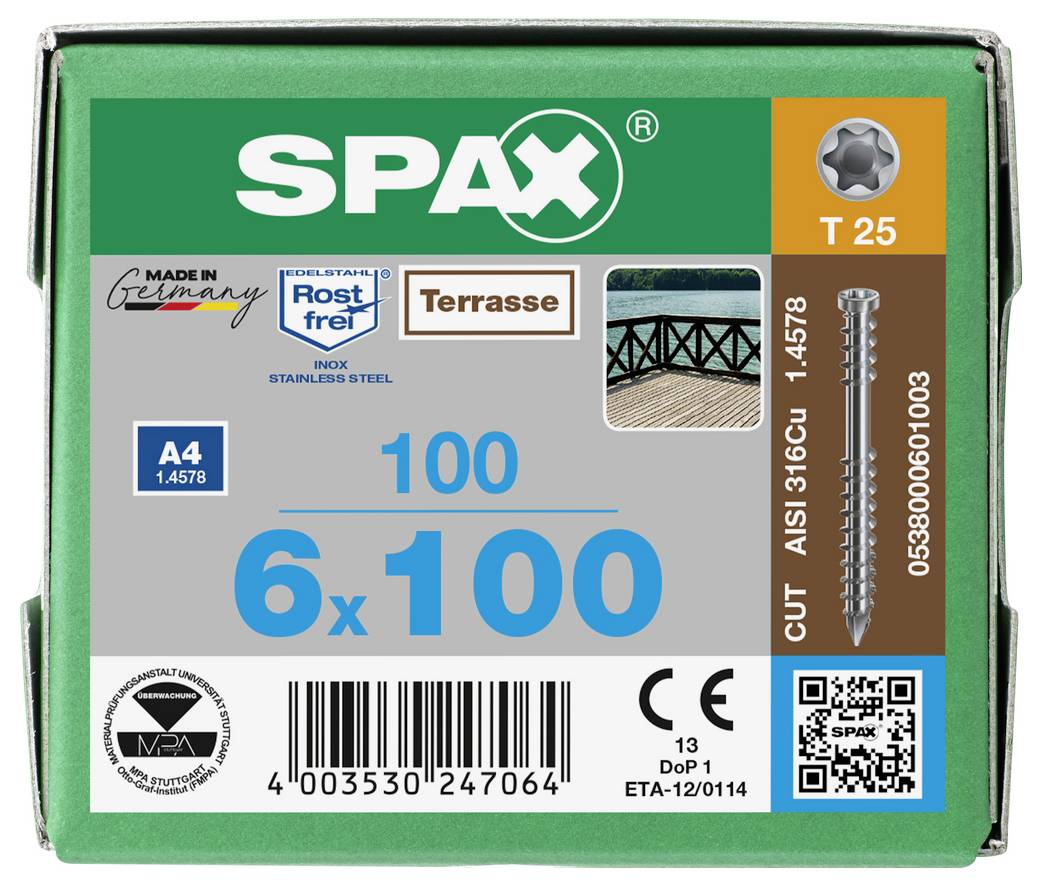 SPAX Holzschraube Karton T25, A4 Edelstahl, 6 x 100 mm, mit Produktcode, Strichcode und QR-Code.