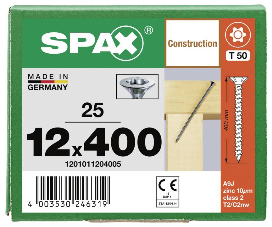 SPAX Konstruktionsschraube Karton mit Bezeichnung T50, Größe 12x400, Made in Germany, mit Produktbild, Barcode und technischen Markierungen.