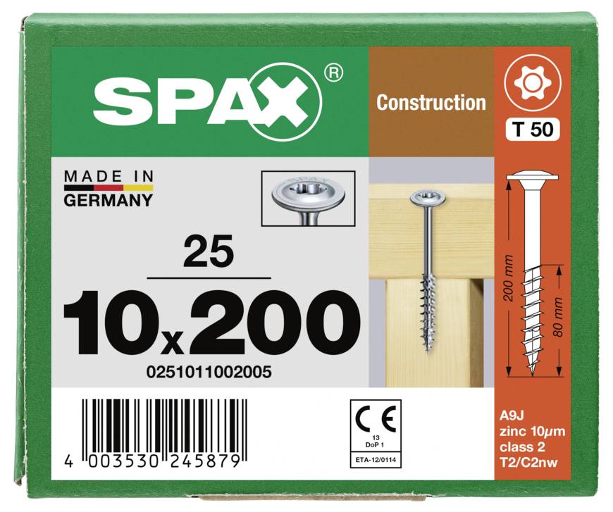 SPAX 0251011002005 Tellerschrauben 10mm 200mm T-STAR plus Stahl 25St.
