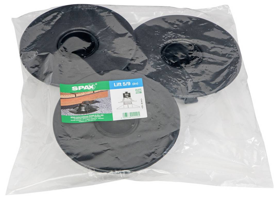 Beutel mit drei schwarzen SPAX-Hubscheiben mit der Bezeichnung „Lift 5/9 cm