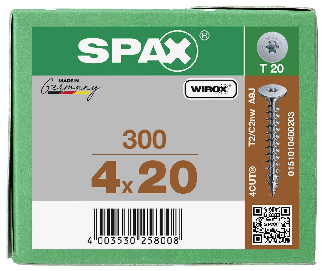 Packung SPAX WIROX Schrauben mit Bezeichnung 300, 4 x 20, T20, hergestellt in Deutschland, mit Barcode und QR-Code.