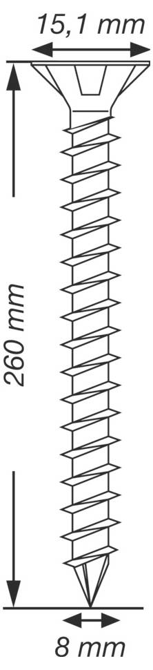 Technische Zeichnung einer Senkkopfschraube, mit einer Länge von 260 mm, einer Breite von 15,1 mm am Kopf und einer Breite von 8 mm an der Spitze.