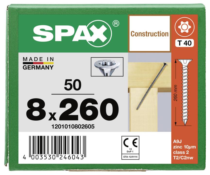 SPAX 1201010802605 Senkkopfschraube 8mm 260mm T-STAR plus Stahl 50St.