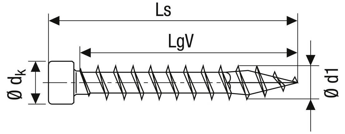 Technische Zeichnung einer Schraube mit Gesamtlänge Ls, Gewindelänge LgV, Kopfdurchmesser Ødk und Schaftdurchmesser Ød1.