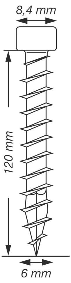 Diagramm einer Schraube mit beschrifteten Abmessungen: 8,4 mm Breite oben, 120 mm Länge und 6 mm Breite an der Spitze.