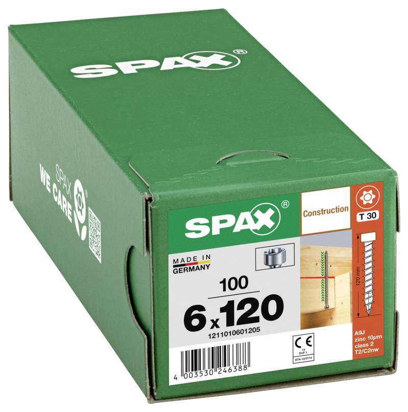 Grüne SPAX-Konstruktionsschraube in einer Schachtel mit der Aufschrift „6 x 120