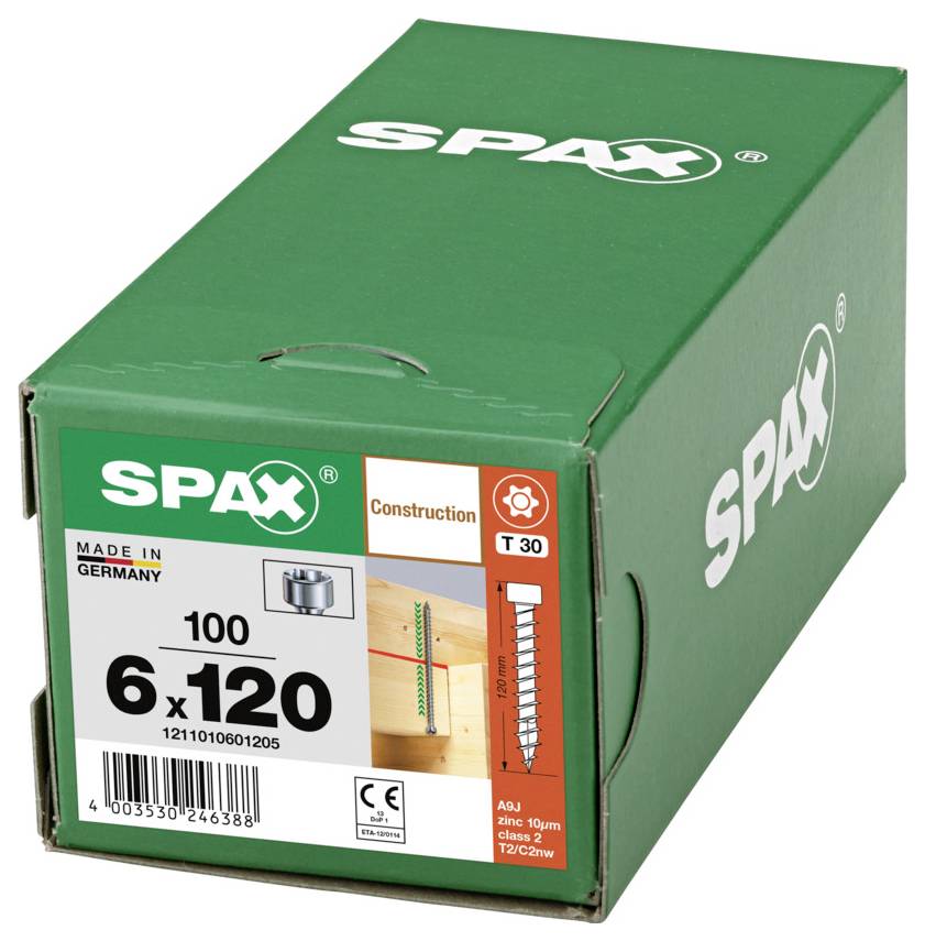 Grüne SPAX Konstruktionsschraube Karton mit Beschriftung 6 x 120, 100er Packung, hergestellt in Deutschland.