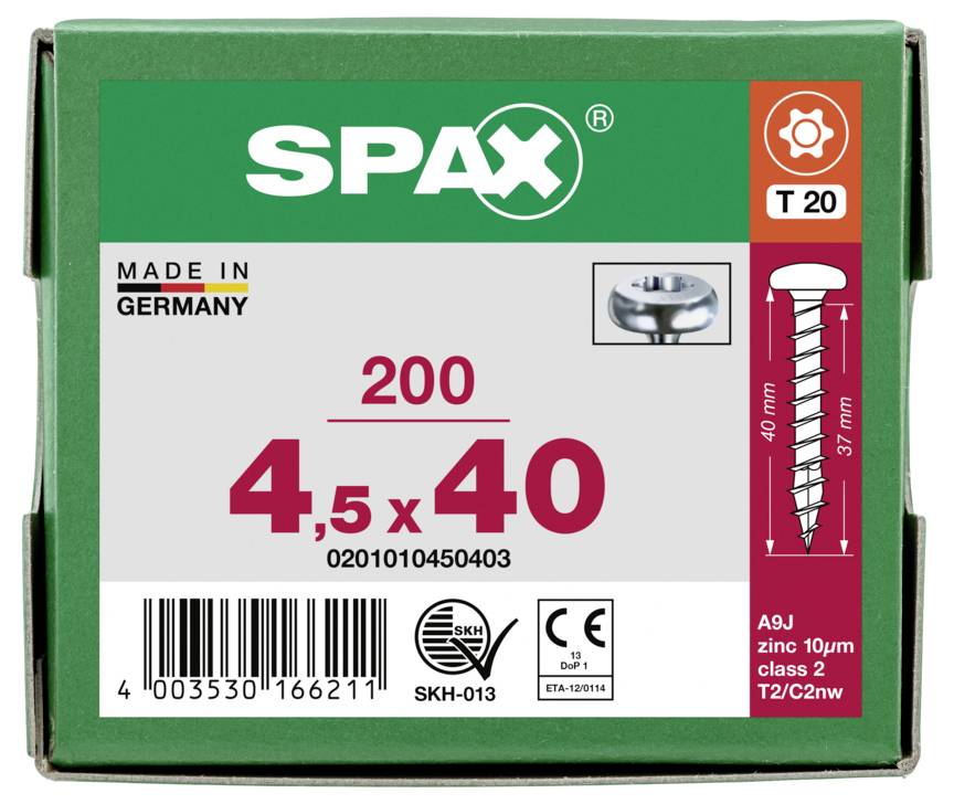 SPAX 0201010450403 Halbrundschrauben 4.5mm 40mm T-STAR plus Stahl 200St.