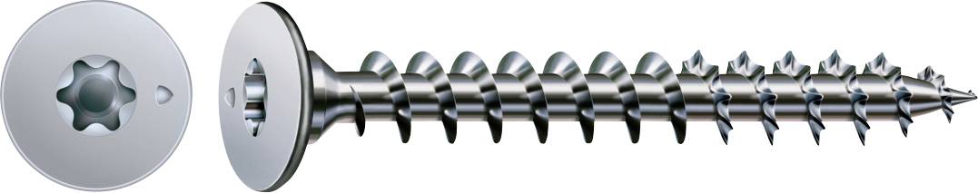 Seiten- und Draufsicht einer silbernen Metallschraube mit sternförmigem Antriebskopf und spitzem Gewellschaft.
