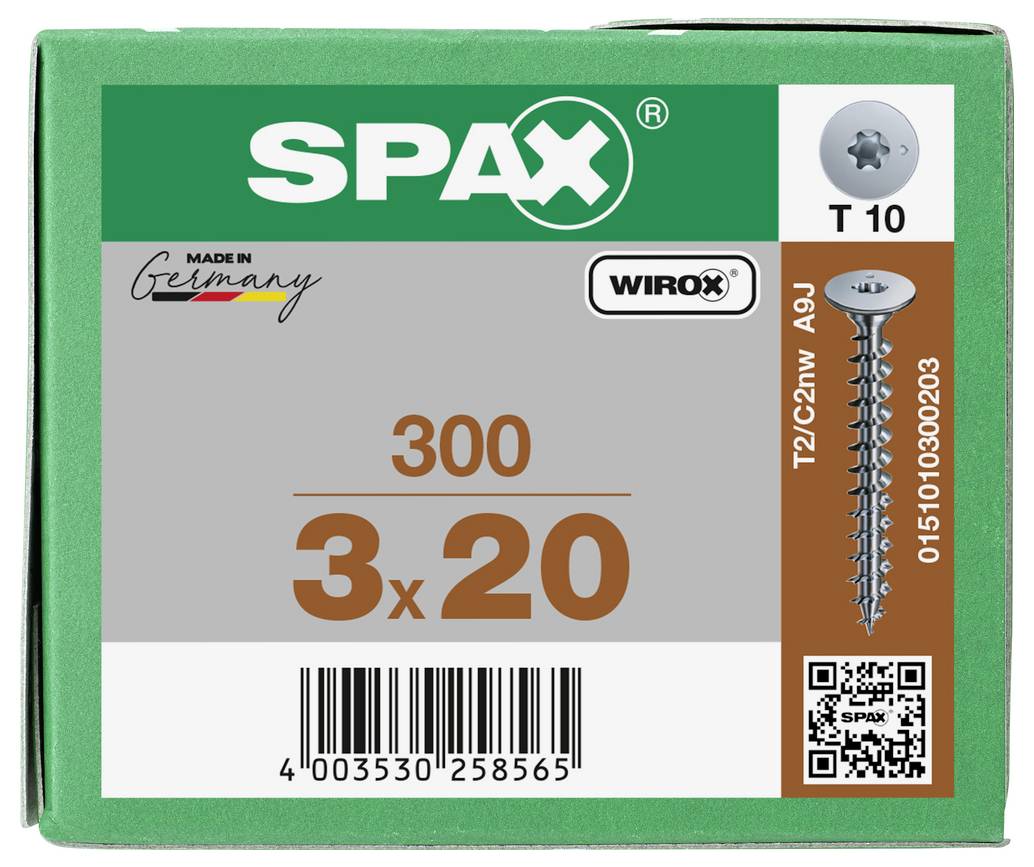 SPAX Schraubenkarton mit Bezeichnung 3x20, T10, mit Bild einer Schraube und Barcode auf grüner Verpackung.