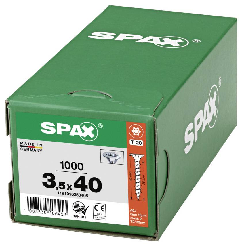 Grüne SPAX-Schraubenbox mit der Aufschrift „3,5x40