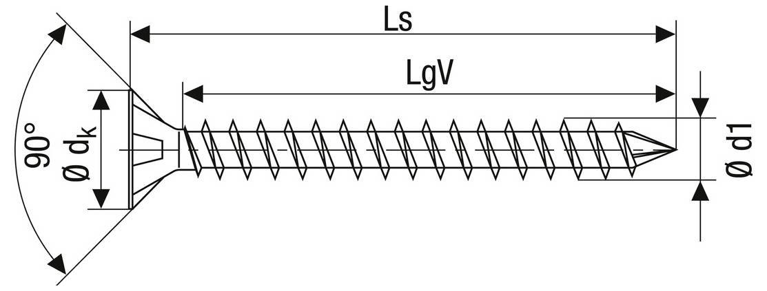 Technische Zeichnung einer Senkkopfschraube mit Abmessungen: 90°-Kopf, Schaftdurchmesser d1, Kopfdurchmesser dk, Länge Ls und Gewindelänge LgV.