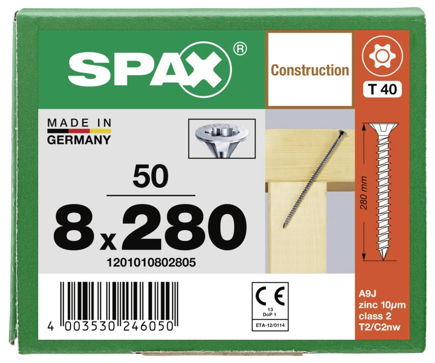 SPAX Konstruktionsschraube Packung mit Bezeichnung T40, 8 x 280 mm, 50 Stück, hergestellt in Deutschland.