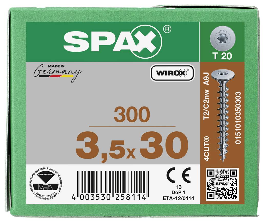 SPAX Wirox Schraubenbox mit der Bezeichnung '3,5x30', 300er Packung, mit abgebildeter T20 Holzschraube und Barcode/QR-Code.