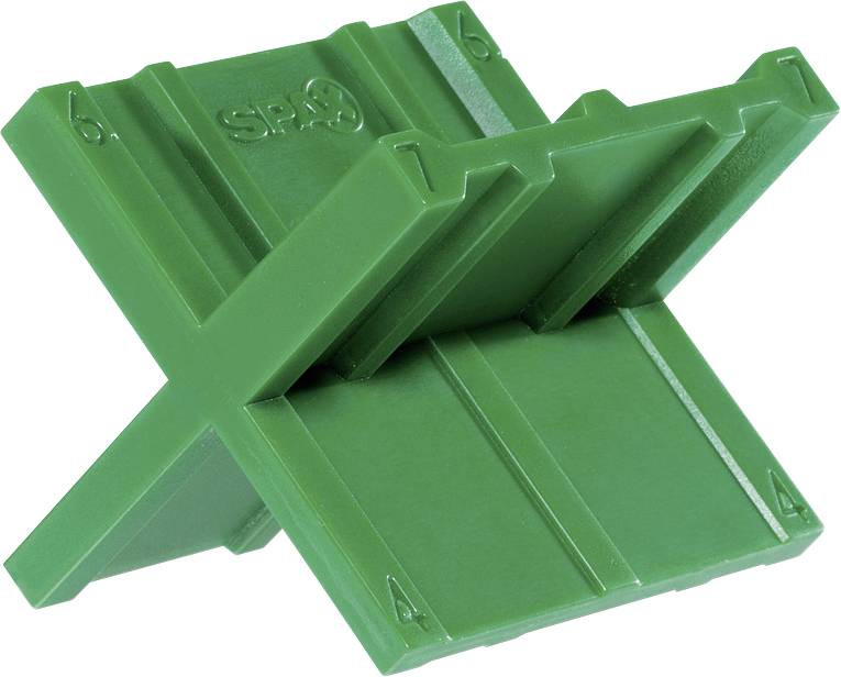 Grüner faltbarer Kunststoffständer oder Halter mit vier Gelenkpanelen, geöffnet auf weißem Hintergrund dargestellt.