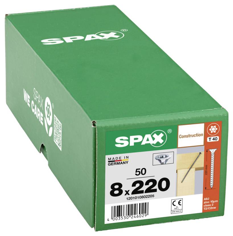 Grüne SPAX-Schrauben-Box mit der Aufschrift „8 x 220