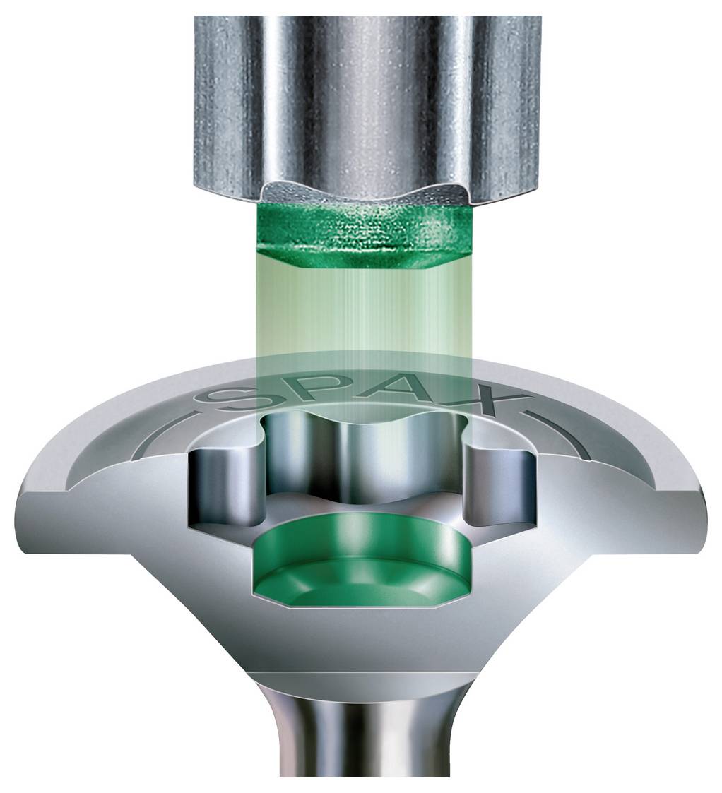 3D-Schnittdarstellung einer Metallarmatur, die von einem Werkzeug gepresst wird, mit einer grünen Dichtungseinsatz und dem Wort „SPAK