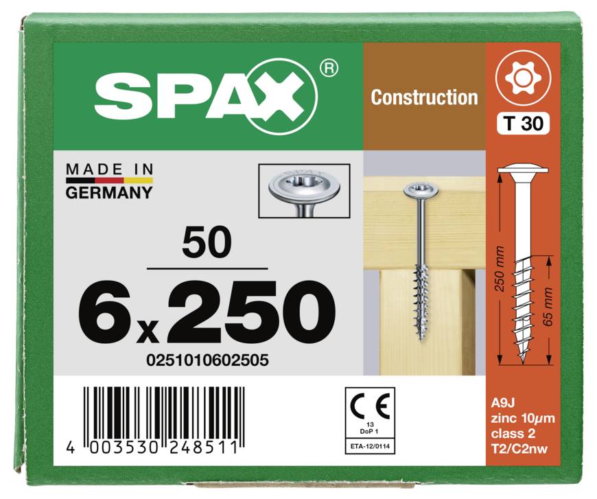 SPAX 0251010602505 Tellerschrauben 6mm 250mm T-STAR plus Stahl 50St.