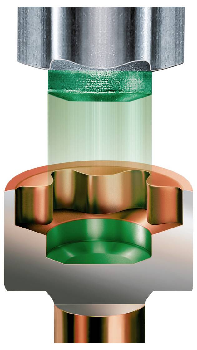 Querschnitt einer Metallform, die ein grünes zylindrisches Material komprimiert, wobei ein Umform- oder Spritzgießprozess dargestellt ist.