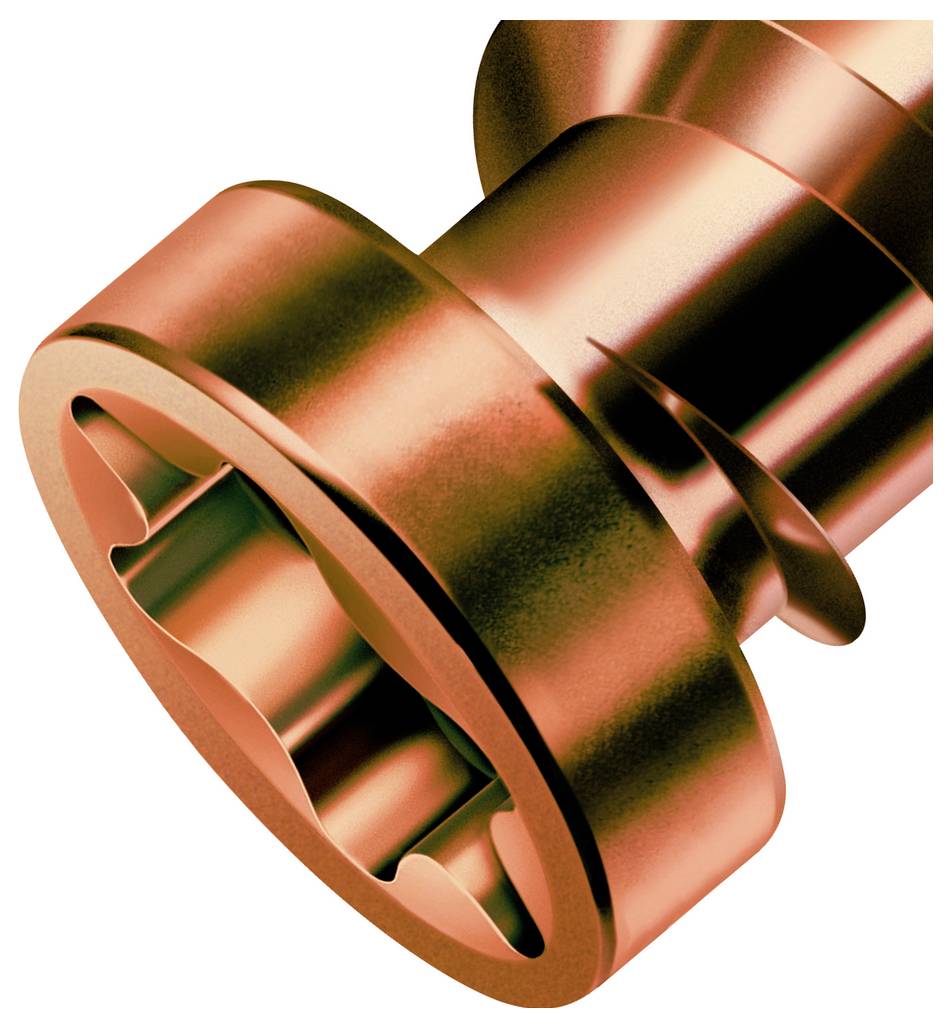Nahaufnahme einer metallischen kupfernen mechanischen Komponente mit einem kreisförmigen Flansch und einer zentralen Welle, dargestellt auf weißem Hintergrund.