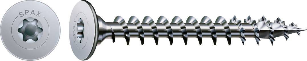 Nahaufnahme einer Metallschraube mit Seiten- und Kopfansicht, mit sternförmigem Torx-Antrieb und scharfer Gewindespitze.
