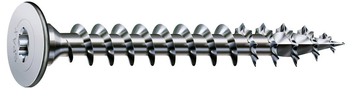 Eine Metallschraube mit breitem Kopf und scharfem Gewinde, isoliert auf weißem Hintergrund dargestellt.
