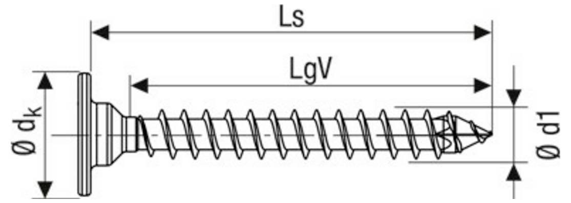 Diagramm einer Schraube mit beschrifteten Abmessungen: Ls Gesamtlänge, LgV Gewindelänge, dk Kopfdurchmesser und d1 Schaftdurchmesser.