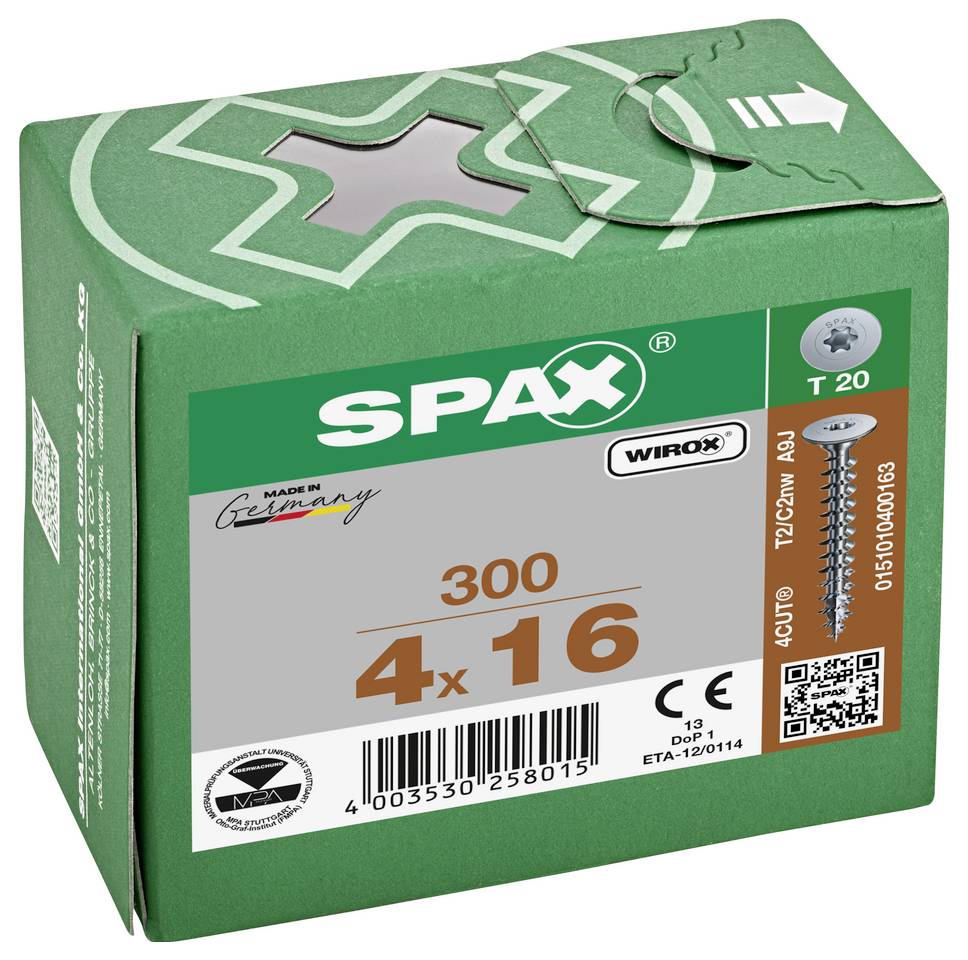 Green SPAX box of Wirox screws, labeled T20, 4x16, 300 count, with screw illustration and barcode on the front.