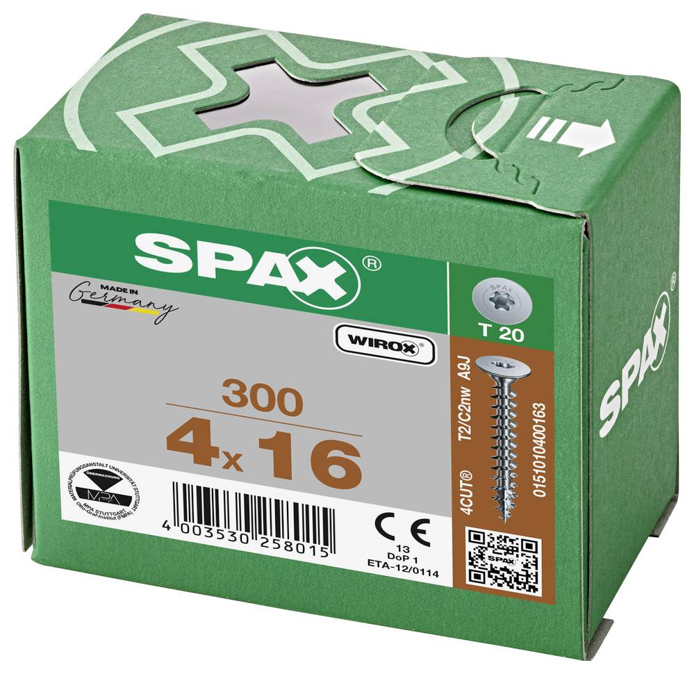 Green SPAX screw box labeled '300' and '4 x 16', with T20 WiROX screws and Made in Germany branding.
