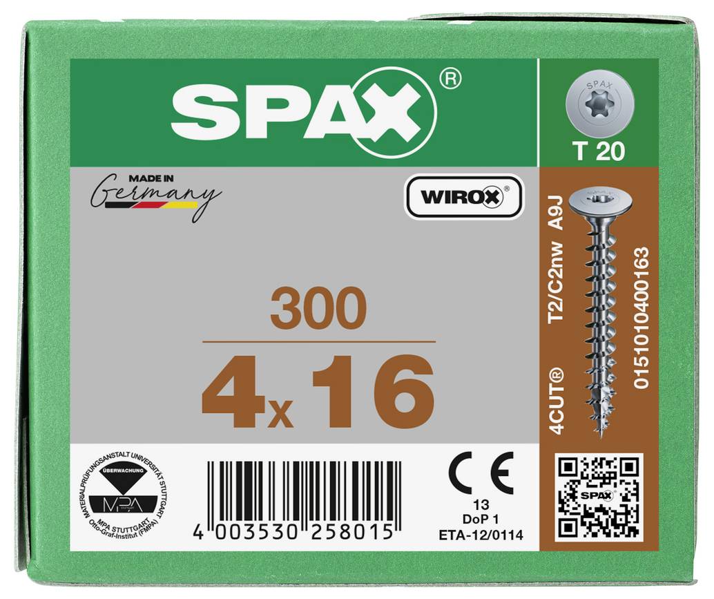Packung mit SPAX-Schrauben mit Beschriftung 4 x 16, T20, 300 Stück, mit Barcode und Produktdetails auf grüner Schachtel.