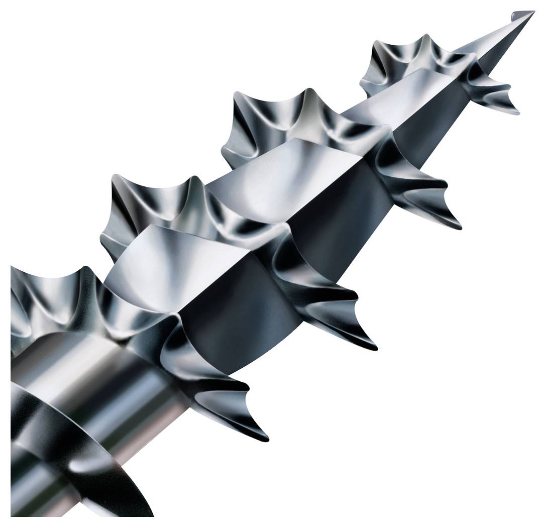 Nahaufnahme eines glänzenden Metallbohrers mit spiralförmigen Schneidnuten auf weißem Hintergrund.
