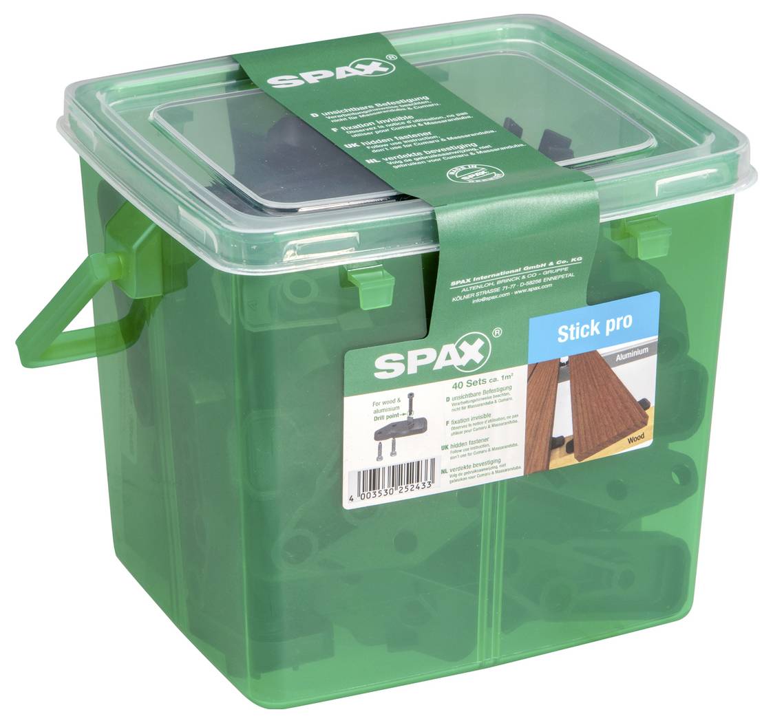 Grüne transparente Kunststoff-Lagerkiste mit klarem Deckel und Griff, beschriftet mit SPAX Stick pro, mit organisierten Befestigungselementinhalten im Inneren.