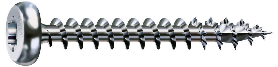 Eine glänzende Metallschraube mit breitem Kopf, in der Seitenansicht auf weißem Hintergrund dargestellt.