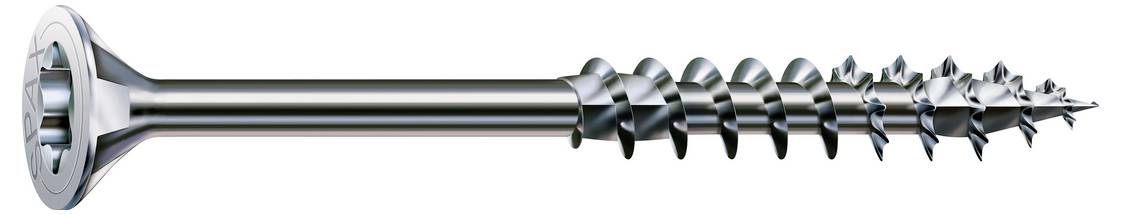 Metallschraube oder Bohrer mit einem flachen kreisförmigen Kopf und langem Schaft, mit konischen Spiralgewinden entlang der Spitze