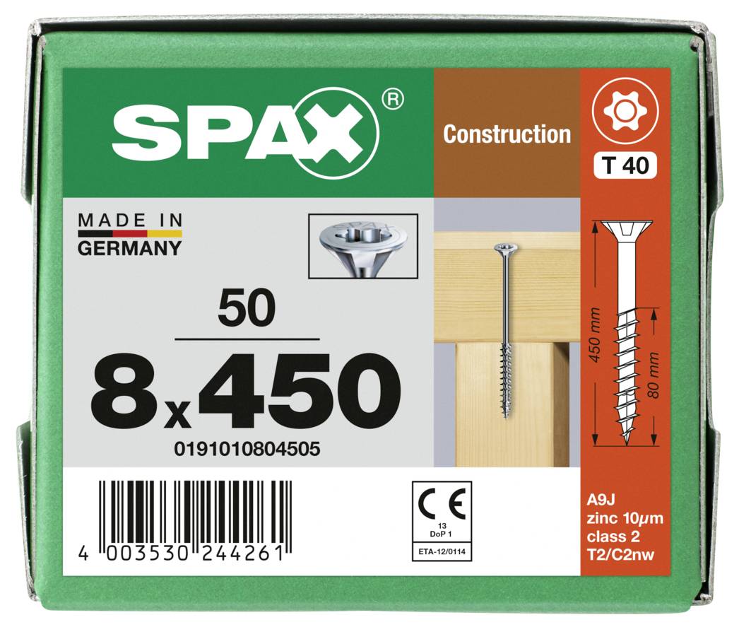 SPAX 0191010804505 Senkkopfschraube 8mm 450mm T-STAR plus Stahl 50St.