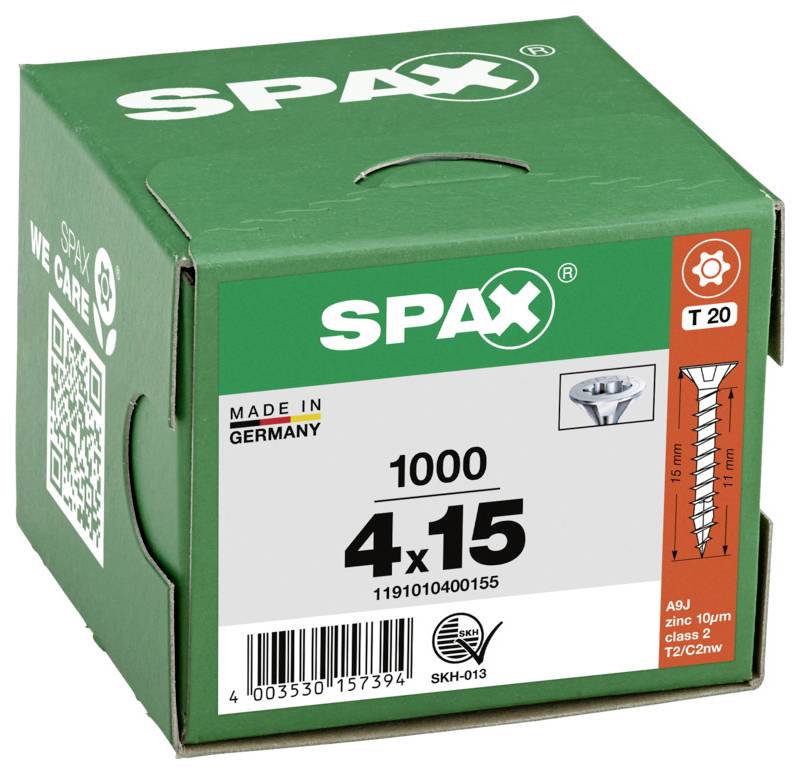 Grüne SPAX-Box mit 4x15 Schrauben, gekennzeichnet mit „Made in Germany