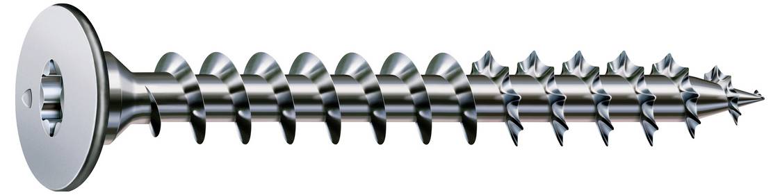 Eine Metallschraube mit Gewinde und breitem flachem Kopf, in der Seitenansicht auf weißem Hintergrund dargestellt.