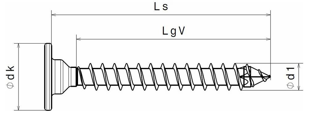 Diagramm einer Schraube mit gekennzeichneten Abmessungen: Ls Gesamtlänge, LgV Gewindekennlänge, dk Kopfdurchmesser und d1 Spitzendurchmesser.