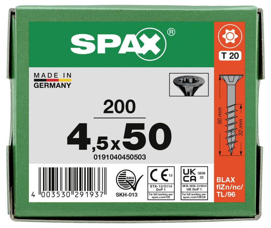 SPAX 0191040450503 Senkkopfschraube 4.5mm 50mm T-STAR plus Stahl 200St.
