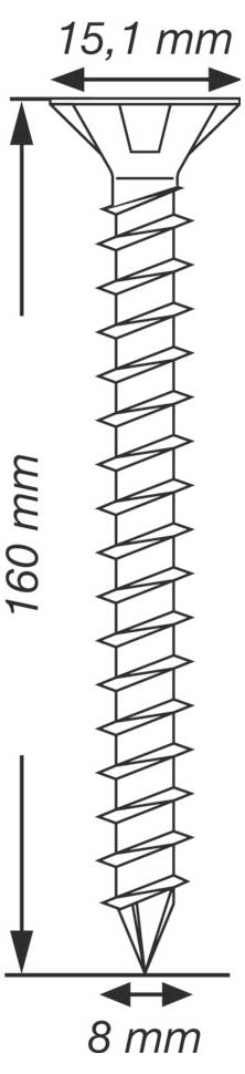 Technische Zeichnung einer Schraube: 160 mm lang, 15,1 mm Kopfbreite und 8 mm Spitzenbreite.