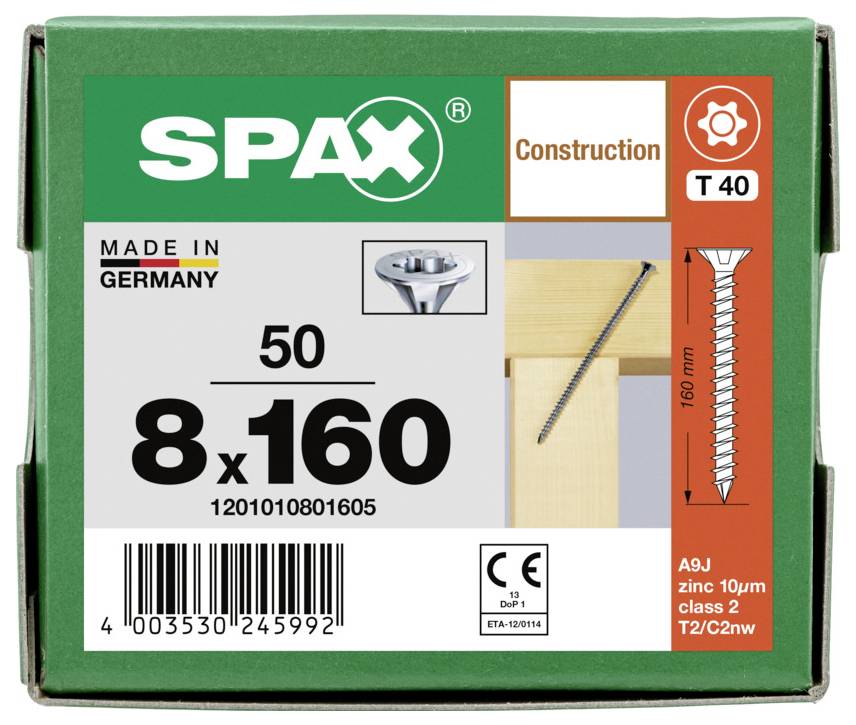 SPAX Konstruktionsschraube Karton mit Kennzeichnung 8x160, Menge 50, hergestellt in Deutschland, mit Schraubenabbildung und Strichcode.