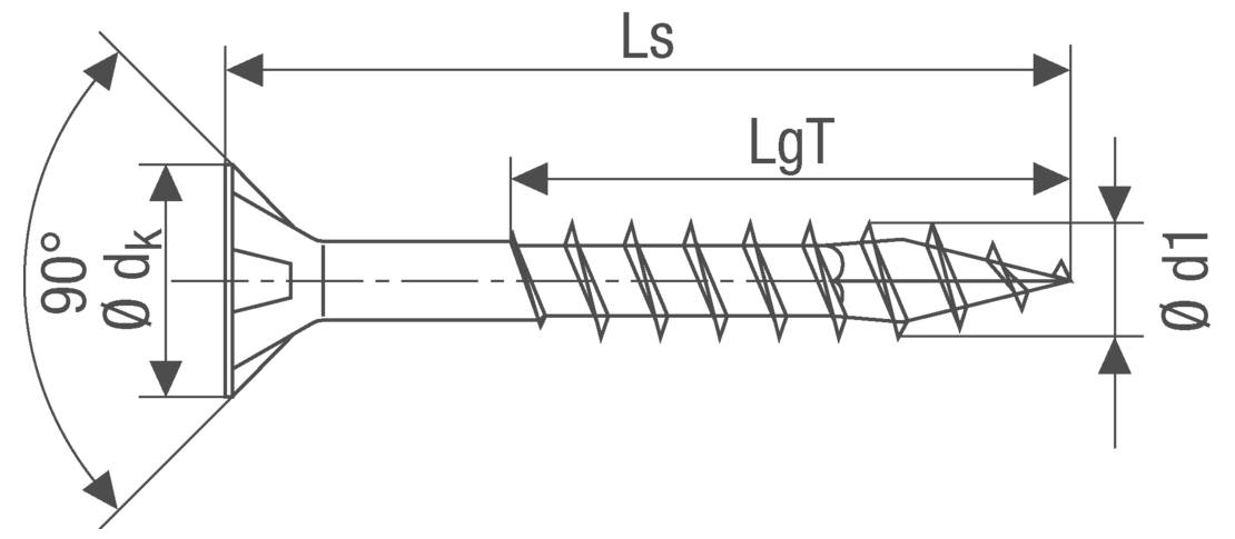 Technische Schraubenzeichnung mit Längenbeschriftungen Ls und LgT, Kopfdurchmesser dk, Schaftdurchmesser d1 und 90° Senkkopfwinkel.