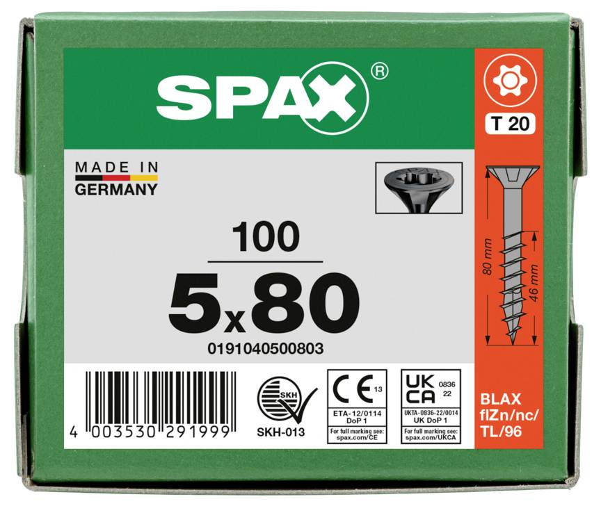 SPAX 0191040500803 Senkkopfschraube 5mm 80mm T-STAR plus Stahl 100St.