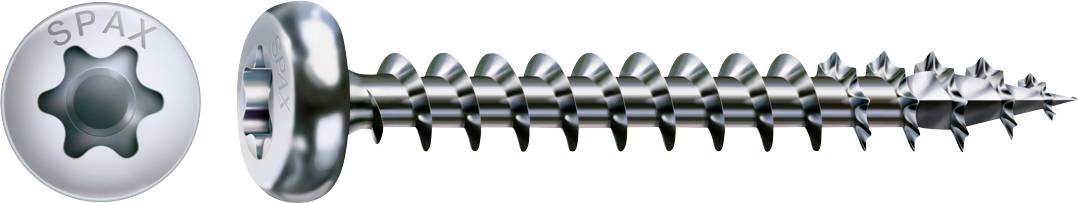 Eine SPAX-Schraube in Seitenansicht mit ihrem Kopf links und spitzem Gewellschaftsdorn, der sich nach rechts erstreckt, zusammen mit dem SPAX-Logo.